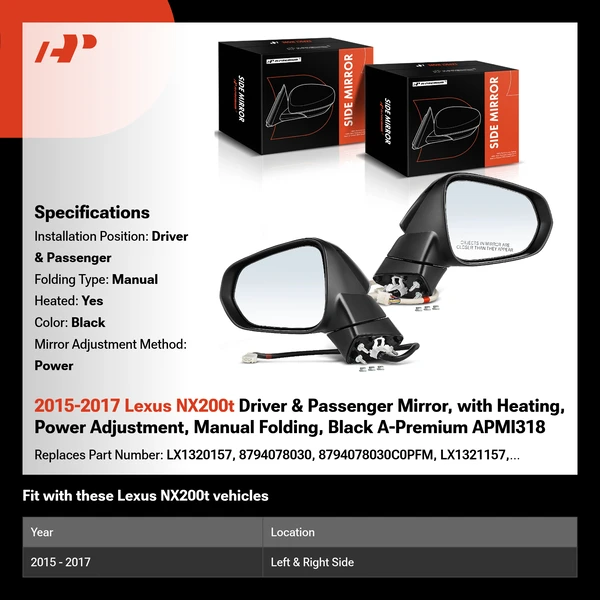 2015-2017 Lexus NX200t Driver & Passenger Mirror, with Heating, Power Adjustment, Manual Folding, Black A-Premium APMI318