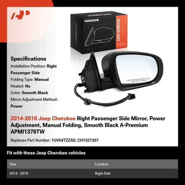 2014-2018 Jeep Cherokee Right Passenger Side Mirror, Power Adjustment, Manual Folding, Smooth Black A-Premium APMI1378TW