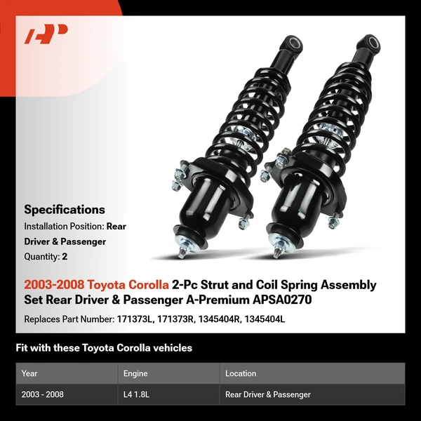 2003-2008 Toyota Corolla 2-Pc Strut and Coil Spring Assembly Set Rear Driver & Passenger A-Premium APSA0270