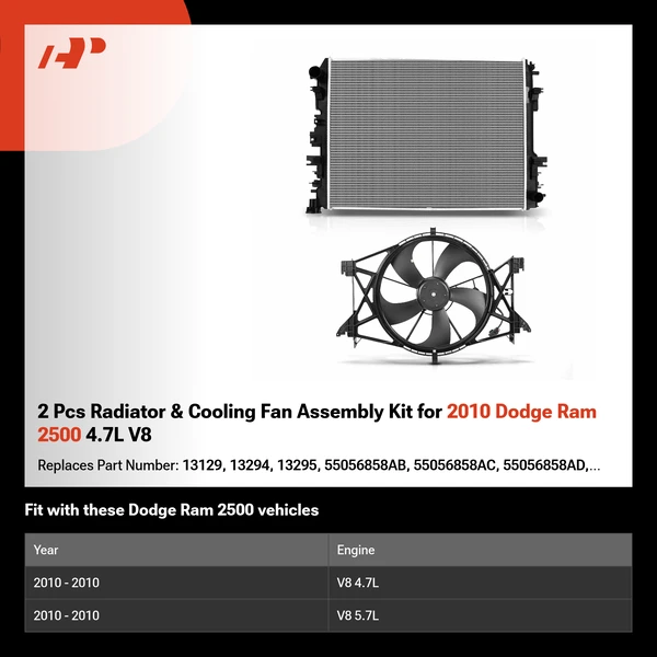 2 Pcs Radiator & Cooling Fan Assembly Kit for 2010 Dodge Ram 2500 4.7L V8