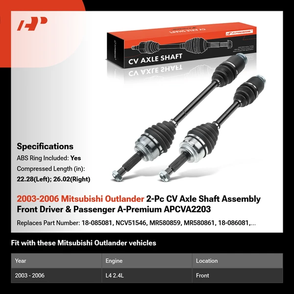 2003-2006 Mitsubishi Outlander 2-Pc CV Axle Shaft Assembly Front Driver & Passenger A-Premium APCVA2203