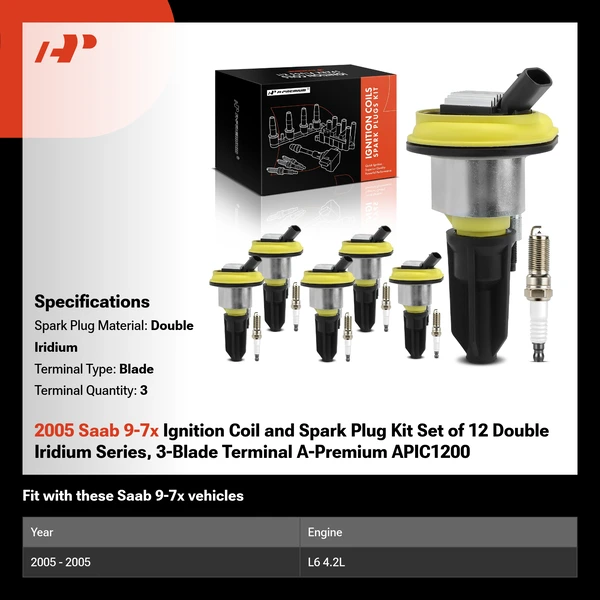 2005 Saab 9-7x Ignition Coil and Spark Plug Kit Set of 12 Double Iridium Series, 3-Blade Terminal A-Premium APIC1200