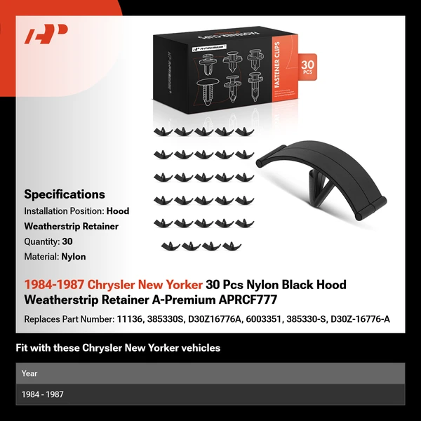 1984-1987 Chrysler New Yorker 30 Pcs Nylon Black Hood Weatherstrip Retainer A-Premium APRCF777