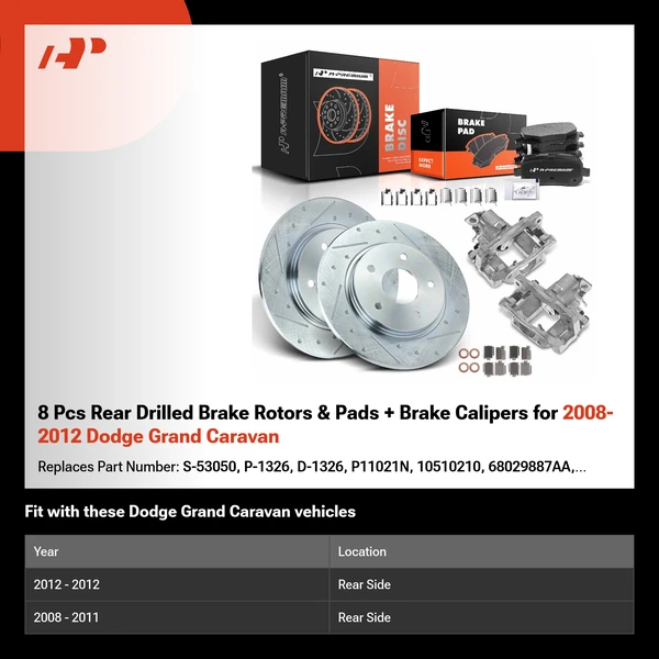 8 Pcs Rear Drilled Brake Rotors & Pads + Brake Calipers for 2008-2012 Dodge Grand Caravan