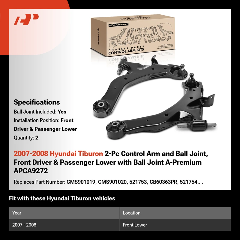 2007-2008 Hyundai Tiburon 2-Pc Control Arm and Ball Joint, Front Driver & Passenger Lower with Ball Joint A-Premium APCA9272