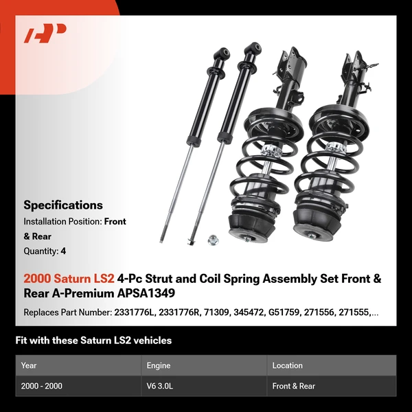 2000 Saturn LS2 4-Pc Strut and Coil Spring Assembly Set Front & Rear A-Premium APSA1349