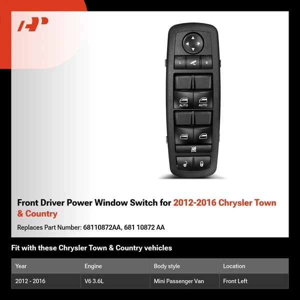 Front Driver Power Window Switch for 2012-2016 Chrysler Town & Country