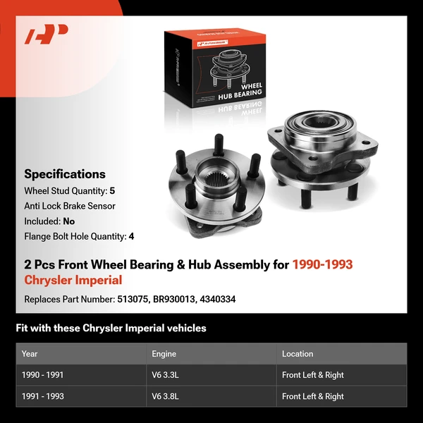 2 Pcs Front Wheel Bearing & Hub Assembly for 1990-1993 Chrysler Imperial