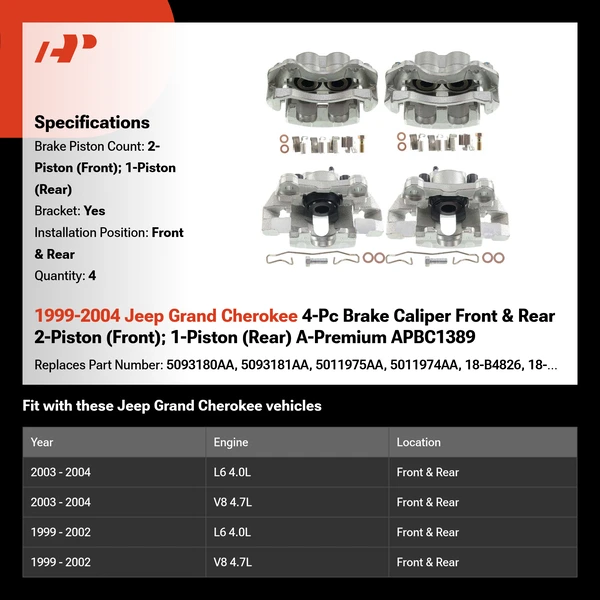1999-2004 Jeep Grand Cherokee 4-Pc Brake Caliper Front & Rear 2-Piston (Front); 1-Piston (Rear) A-Premium APBC1389