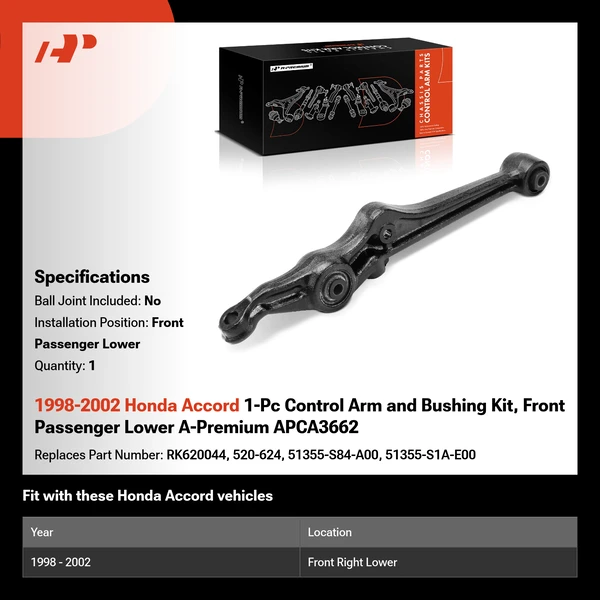 1998-2002 Honda Accord 1-Pc Control Arm and Bushing Kit, Front Passenger Lower A-Premium APCA3662