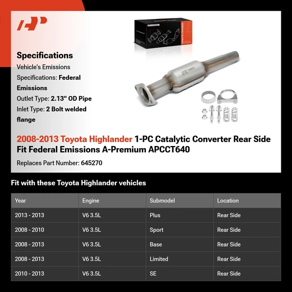 2008-2013 Toyota Highlander 1-PC Catalytic Converter Rear Side Fit Federal Emissions A-Premium APCCT640