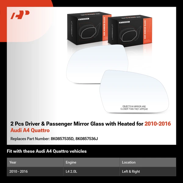 2 Pcs Driver & Passenger Mirror Glass with Heated for 2010-2016 Audi A4 Quattro