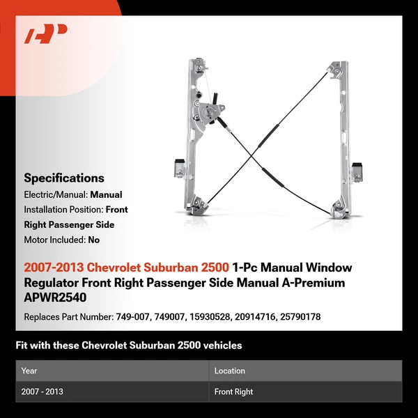 2007-2013 Chevrolet Suburban 2500 1-Pc Manual Window Regulator Front Right Passenger Side Manual A-Premium APWR2540