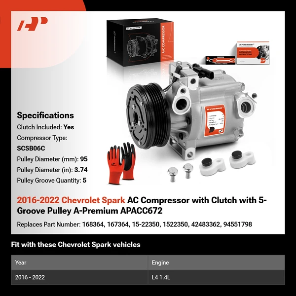 2016-2022 Chevrolet Spark AC Compressor with Clutch with 5-Groove Pulley A-Premium APACC672