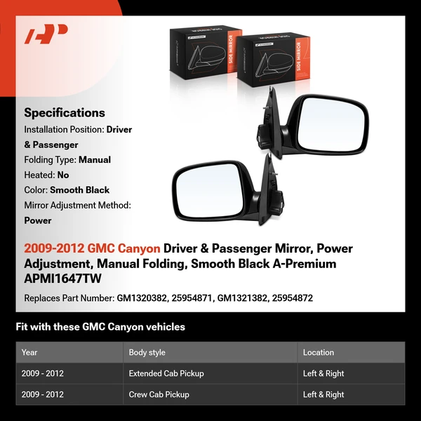 2009-2012 GMC Canyon Driver & Passenger Mirror, Power Adjustment, Manual Folding, Smooth Black A-Premium APMI1647TW