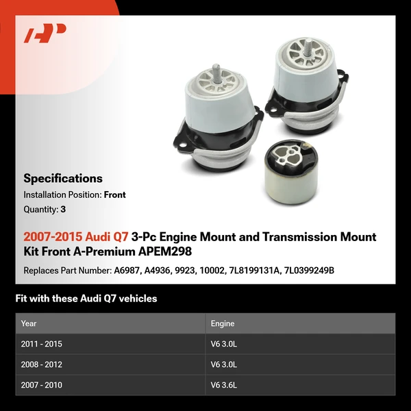 2007-2015 Audi Q7 3-Pc Engine Mount and Transmission Mount Kit Front A-Premium APEM298