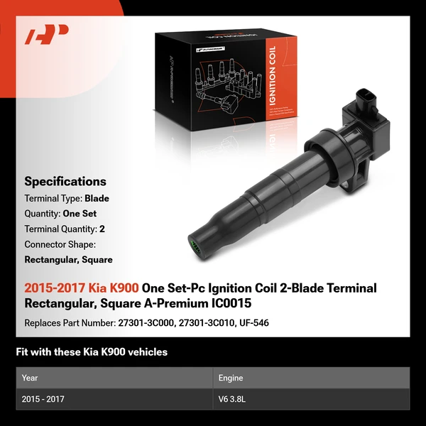 2015-2017 Kia K900 One Set-Pc Ignition Coil 2-Blade Terminal Rectangular, Square A-Premium IC0015