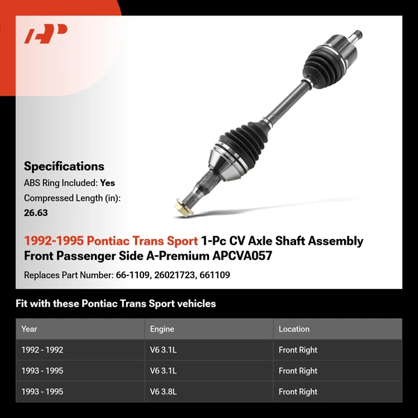 1992-1995 Pontiac Trans Sport 1-Pc CV Axle Shaft Assembly Front Passenger Side A-Premium APCVA057