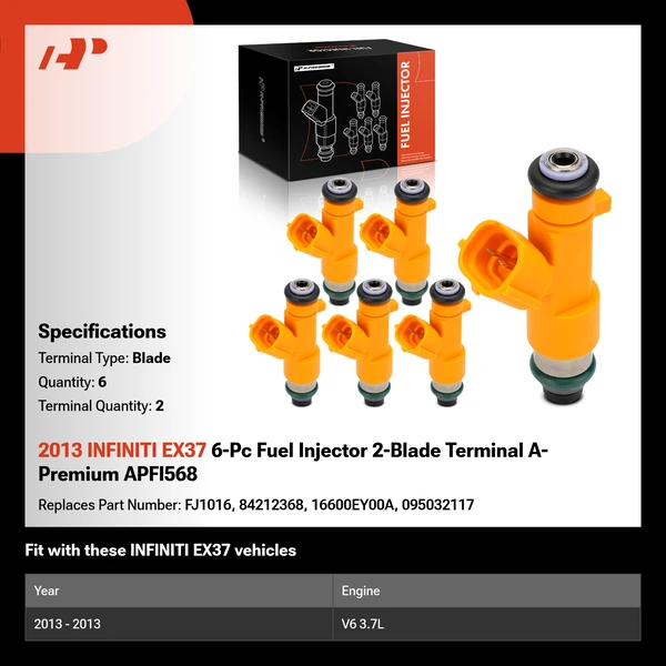 2013 INFINITI EX37 6-Pc Fuel Injector 2-Blade Terminal A-Premium APFI568