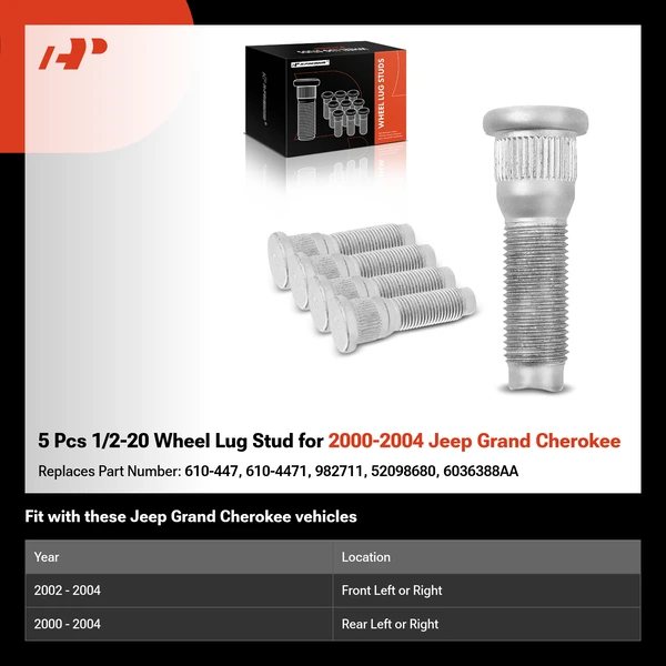 5 Pcs 1/2-20 Wheel Lug Stud for 2000-2004 Jeep Grand Cherokee