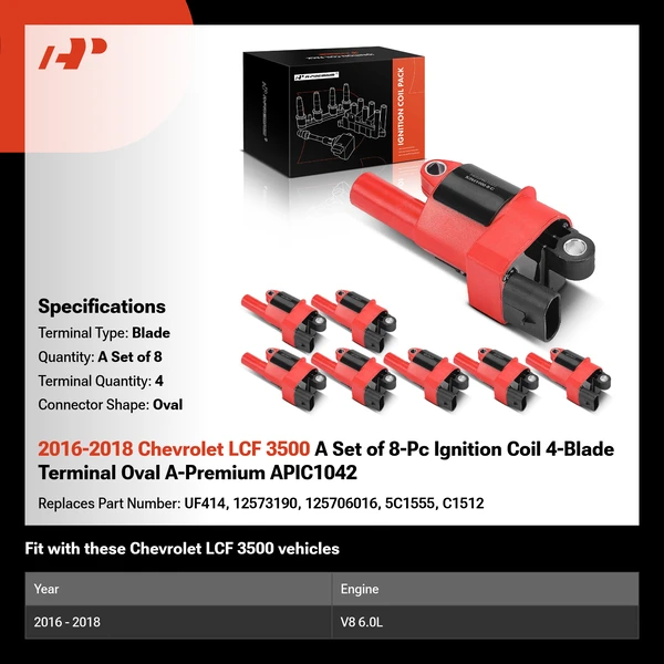 2016-2018 Chevrolet LCF 3500 A Set of 8-Pc Ignition Coil 4-Blade Terminal Oval A-Premium APIC1042