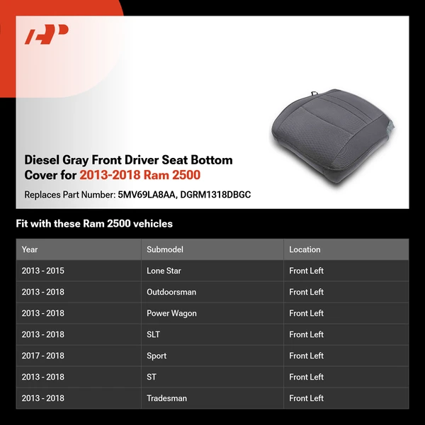 Diesel Gray Front Driver Seat Bottom Cover for 2013-2018 Ram 2500