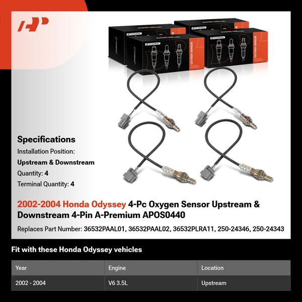 2002-2004 Honda Odyssey 4-Pc Oxygen Sensor Upstream & Downstream 4-Pin A-Premium APOS0440
