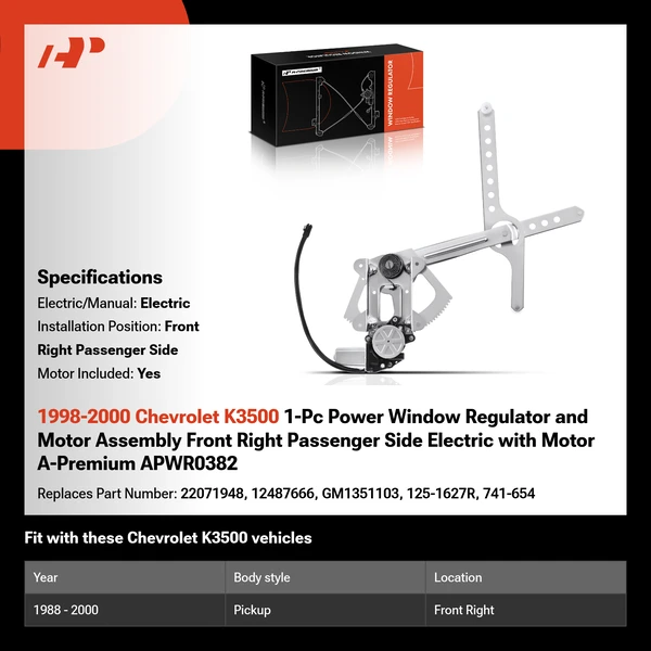 1998-2000 Chevrolet K3500 1-Pc Power Window Regulator and Motor Assembly Front Right Passenger Side Electric with Motor A-Premium APWR0382