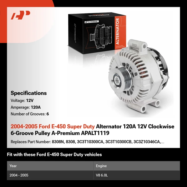 2004-2005 Ford E-450 Super Duty Alternator 120A 12V Clockwise 6-Groove Pulley A-Premium APALT1119