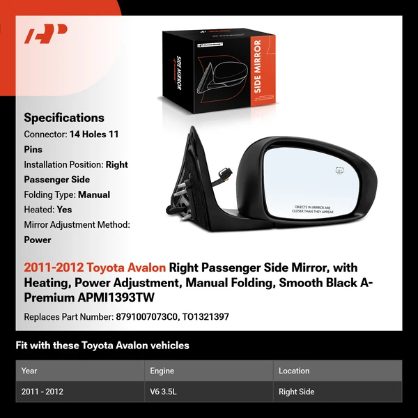 2011-2012 Toyota Avalon Right Passenger Side Mirror, with Heating, Power Adjustment, Manual Folding, Smooth Black A-Premium APMI1393TW