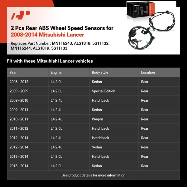 2 Pcs Rear ABS Wheel Speed Sensors for 2008-2014 Mitsubishi Lancer