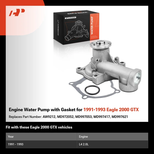 Engine Water Pump with Gasket for 1991-1993 Eagle 2000 GTX
