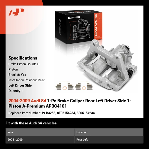 2004-2009 Audi S4 1-Pc Brake Caliper Rear Left Driver Side 1-Piston A-Premium APBC4101
