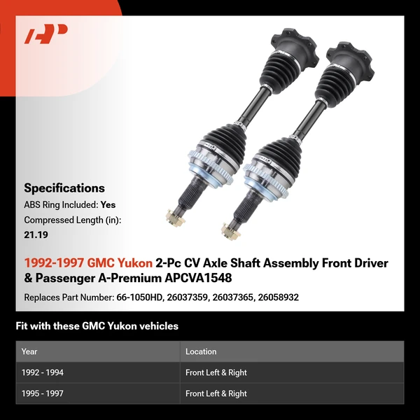 1992-1997 GMC Yukon 2-Pc CV Axle Shaft Assembly Front Driver & Passenger A-Premium APCVA1548