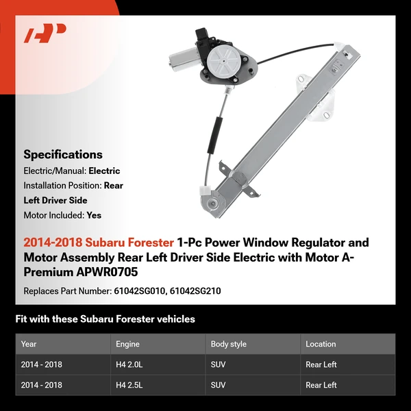 2014-2018 Subaru Forester 1-Pc Power Window Regulator and Motor Assembly Rear Left Driver Side Electric with Motor A-Premium APWR0705