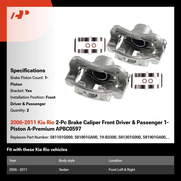2006-2011 Kia Rio 2-Pc Brake Caliper Front Driver & Passenger 1-Piston A-Premium APBC0597