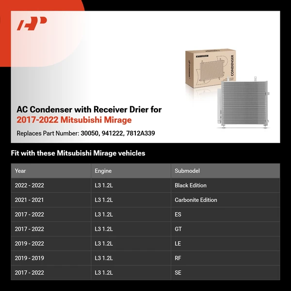 AC Condenser with Receiver Drier for 2017-2022 Mitsubishi Mirage