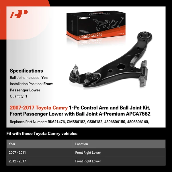 2007-2017 Toyota Camry 1-Pc Control Arm and Ball Joint Kit, Front Passenger Lower with Ball Joint A-Premium APCA7562
