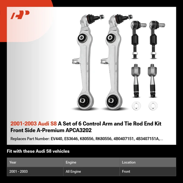 2001-2003 Audi S8 A Set of 6 Control Arm and Tie Rod End Kit Front Side A-Premium APCA3202