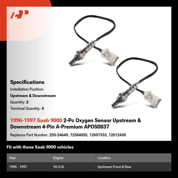 1996-1997 Saab 9000 2-Pc Oxygen Sensor Upstream & Downstream 4-Pin A-Premium APOS0837