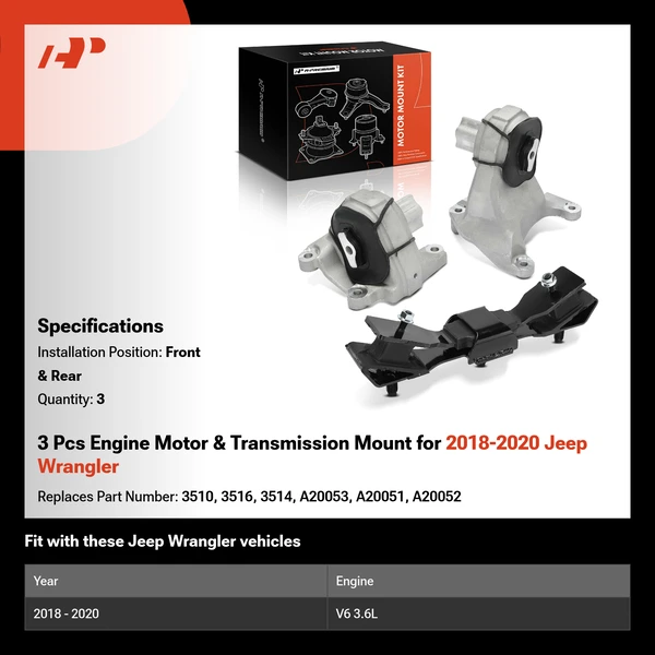 3 Pcs Engine Motor & Transmission Mount for 2018-2020 Jeep Wrangler