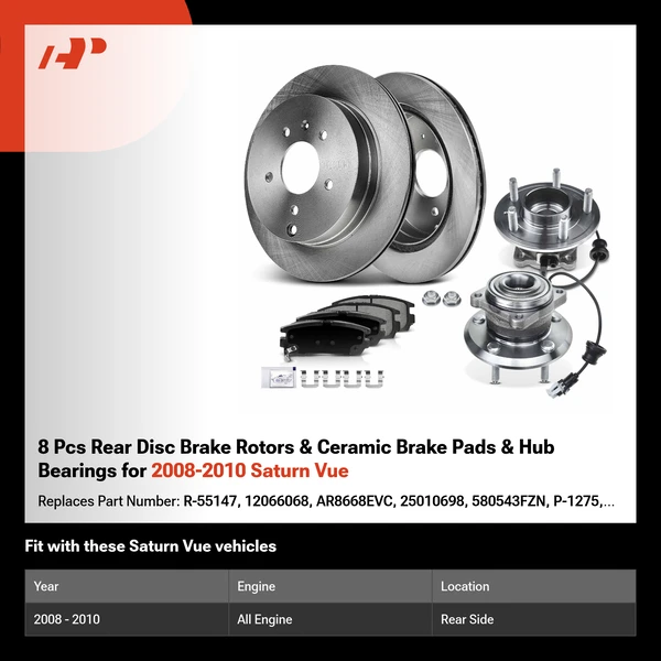 8 Pcs Rear Disc Brake Rotors & Ceramic Brake Pads & Hub Bearings for 2008-2010 Saturn Vue