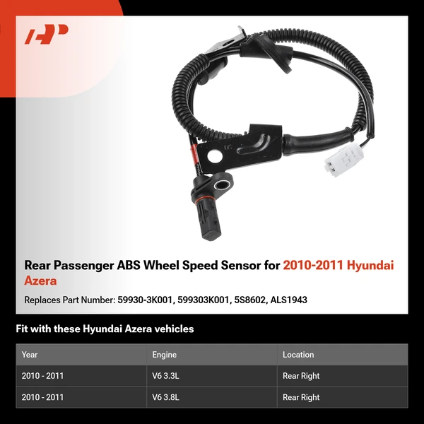 Rear Passenger ABS Wheel Speed Sensor for 2010-2011 Hyundai Azera