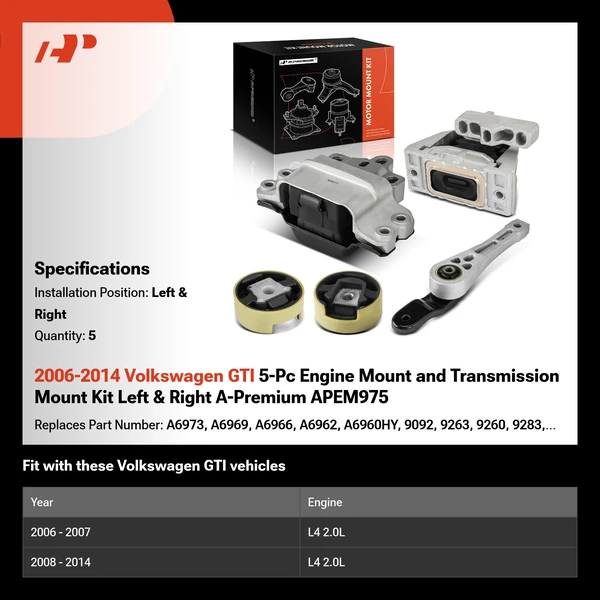 2006-2014 Volkswagen GTI 5-Pc Engine Mount and Transmission Mount Kit Left & Right A-Premium APEM975