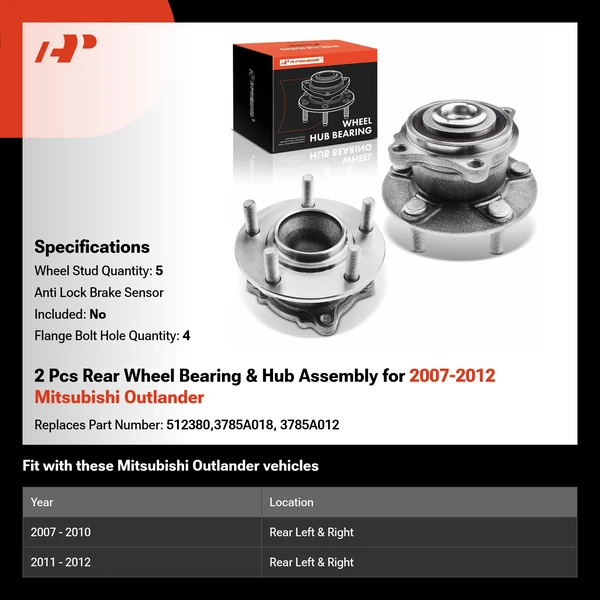 2 Pcs Rear Wheel Bearing & Hub Assembly for 2007-2012 Mitsubishi Outlander