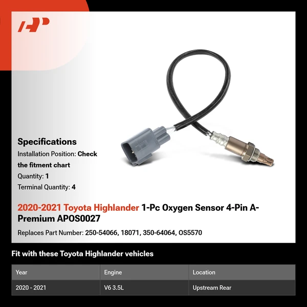 2020-2021 Toyota Highlander 1-Pc Oxygen Sensor 4-Pin A-Premium APOS0027