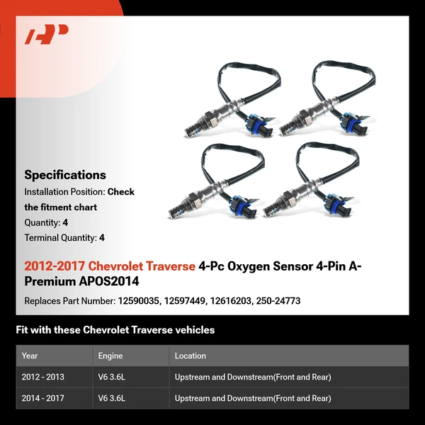 2012-2017 Chevrolet Traverse 4-Pc Oxygen Sensor 4-Pin A-Premium APOS2014