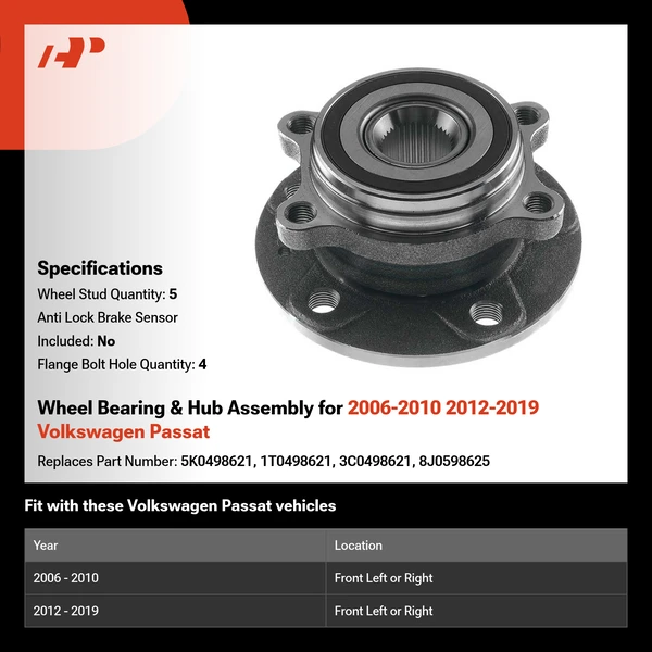 Wheel Bearing & Hub Assembly for 2006-2010 2012-2019 Volkswagen Passat