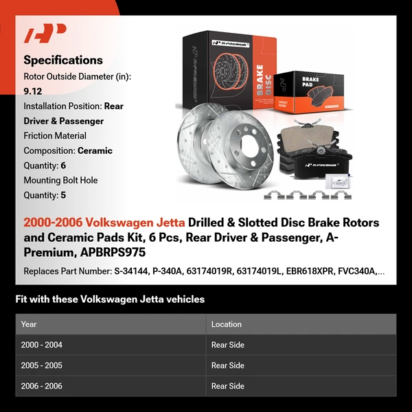 2000-2006 Volkswagen Jetta Drilled & Slotted Disc Brake Rotors and Ceramic Pads Kit, 6 Pcs, Rear Driver & Passenger, A-Premium, APBRPS975