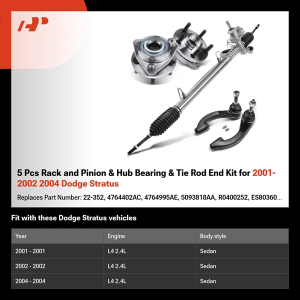 5 Pcs Rack and Pinion & Hub Bearing & Tie Rod End Kit for 2001-2002 2004 Dodge Stratus